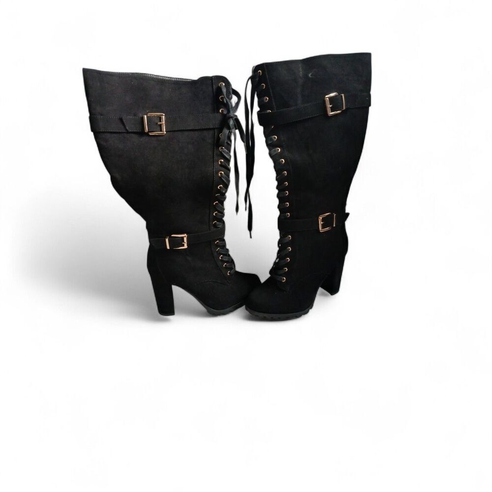 Black Knee High Lace Up Heeled Boots Buckle Detail Women’s ShoeDazzle 9